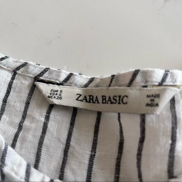 Zara Embroidered Linen Pompom Peplum Top Striped Boho 3/4 Sleeves Sz S - Picture 4 of 11